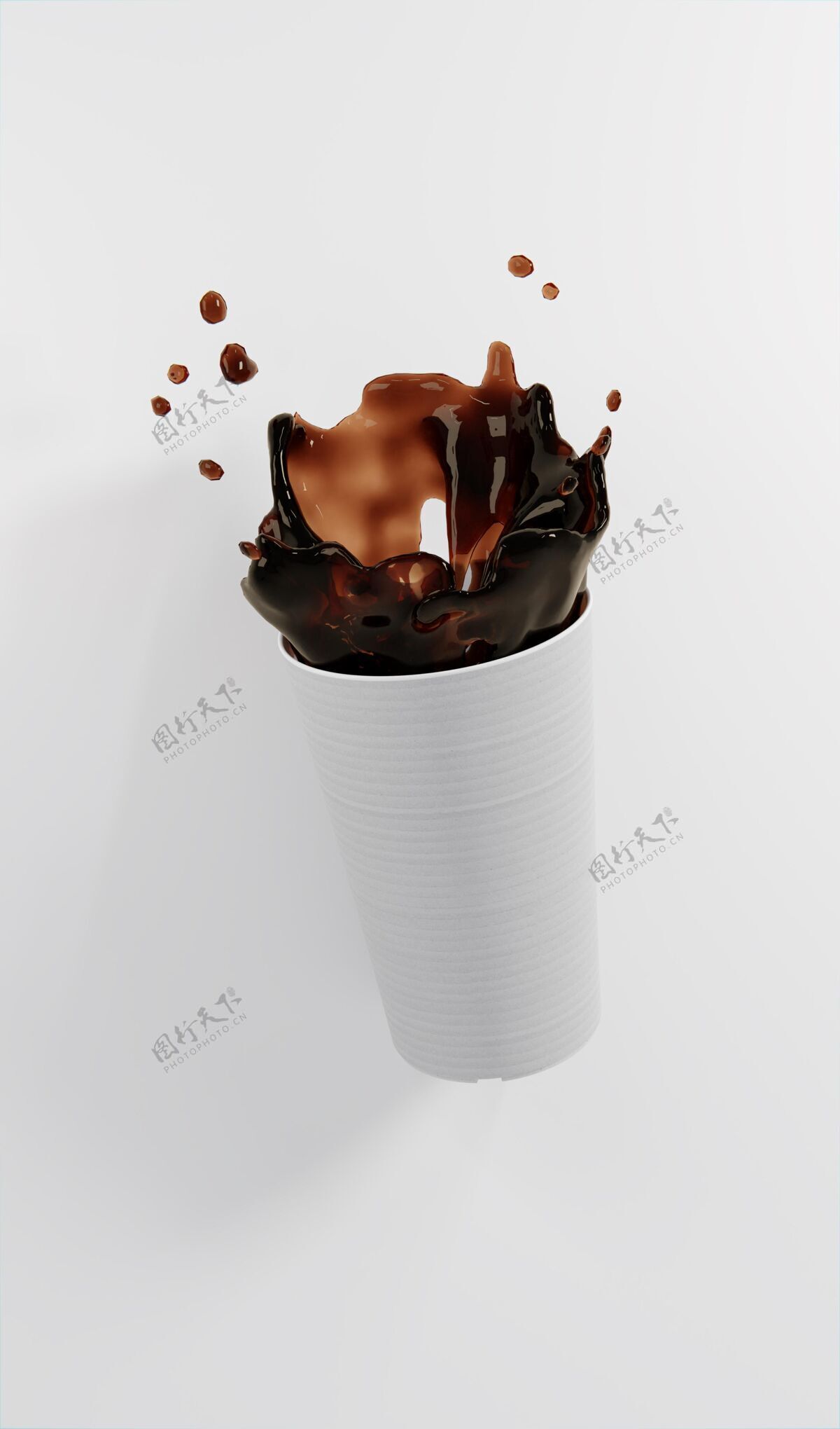 三维渲染各种纸咖啡杯与咖啡飞溅模型安排现实