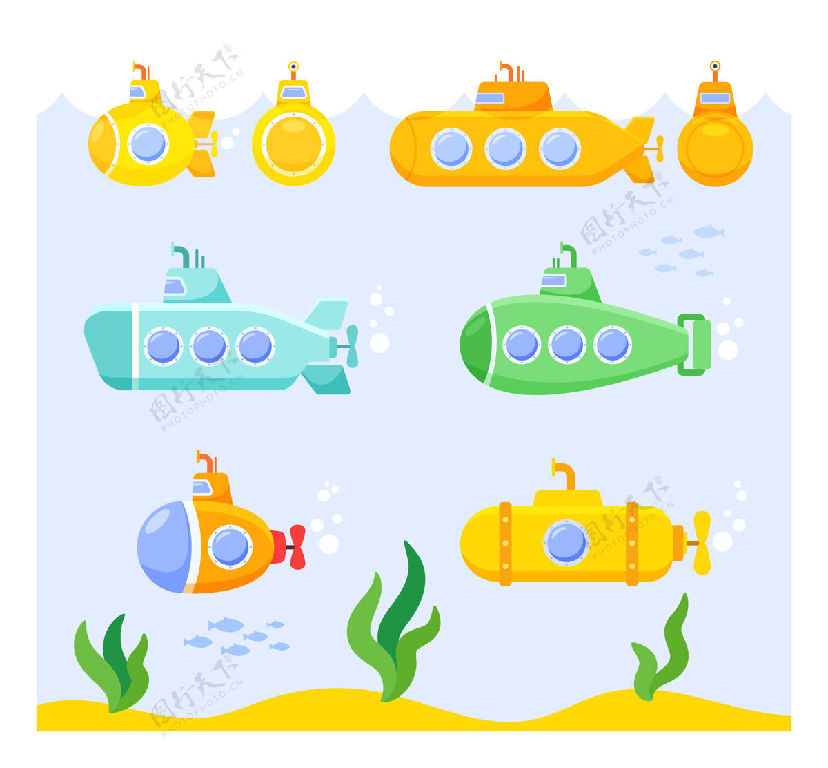 军事一组卡通潜艇在水下海景背景与杂草和鱼捆绑底部收集