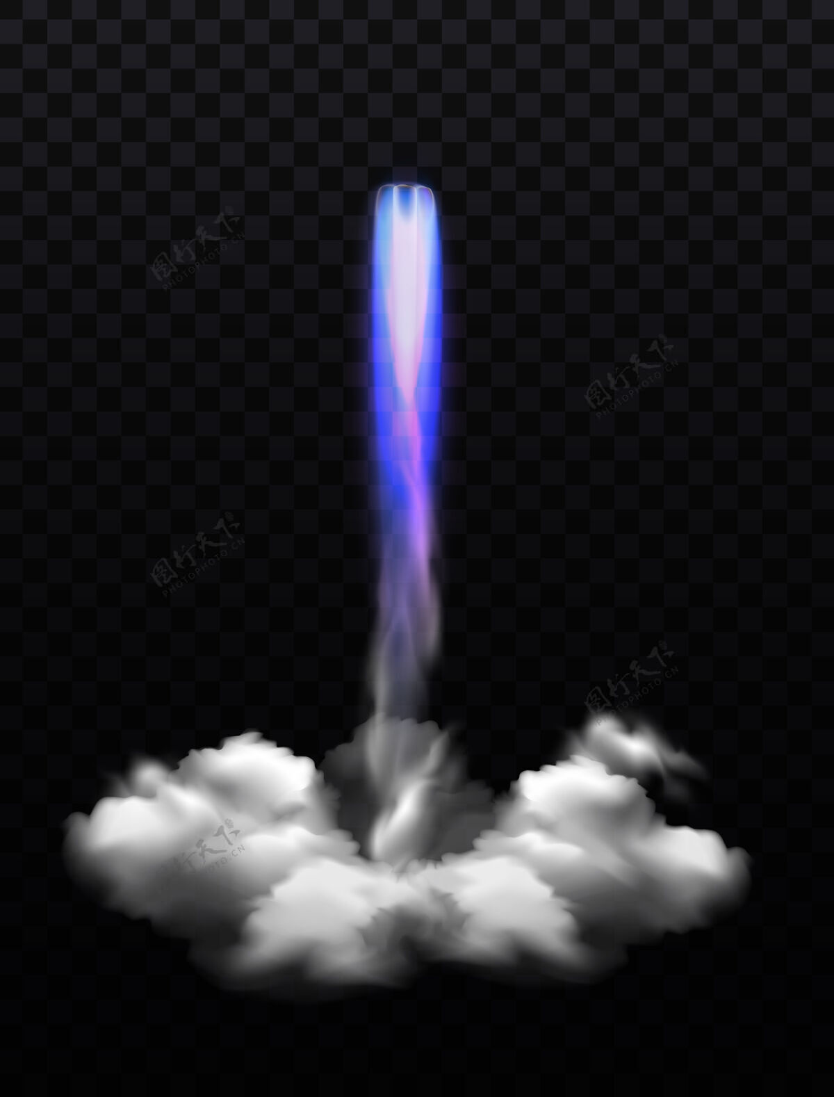 平面风格太空火箭火焰烟雾组成与现实的蓝紫色火爆炸透明透明空间蓝色