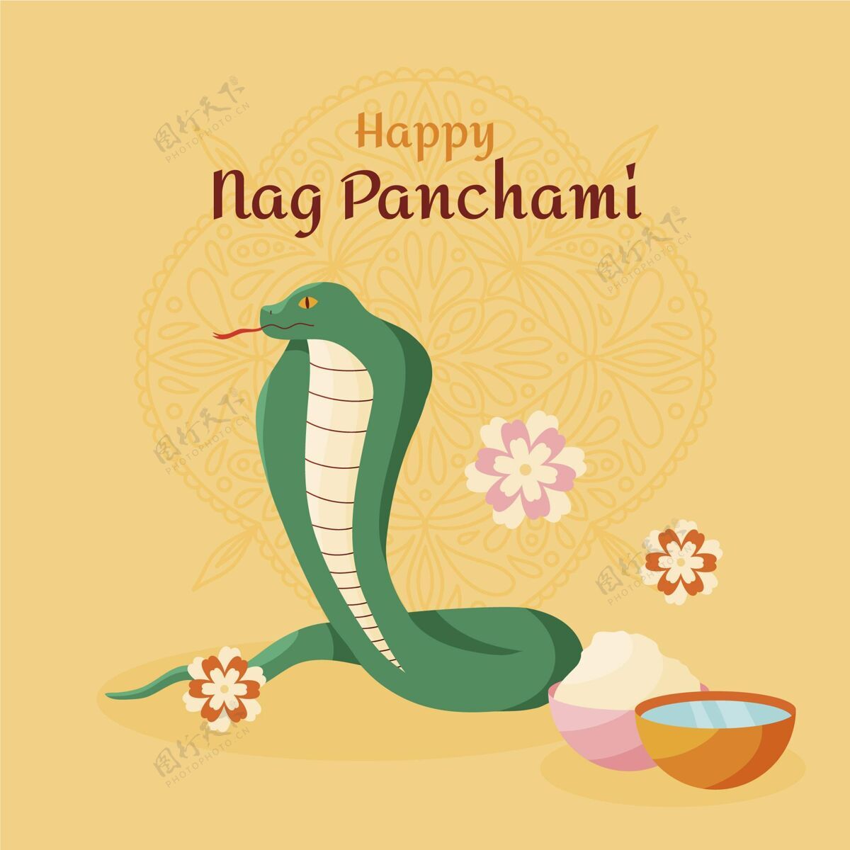 传统手绘nagpanchami插图贺卡活动眼镜蛇