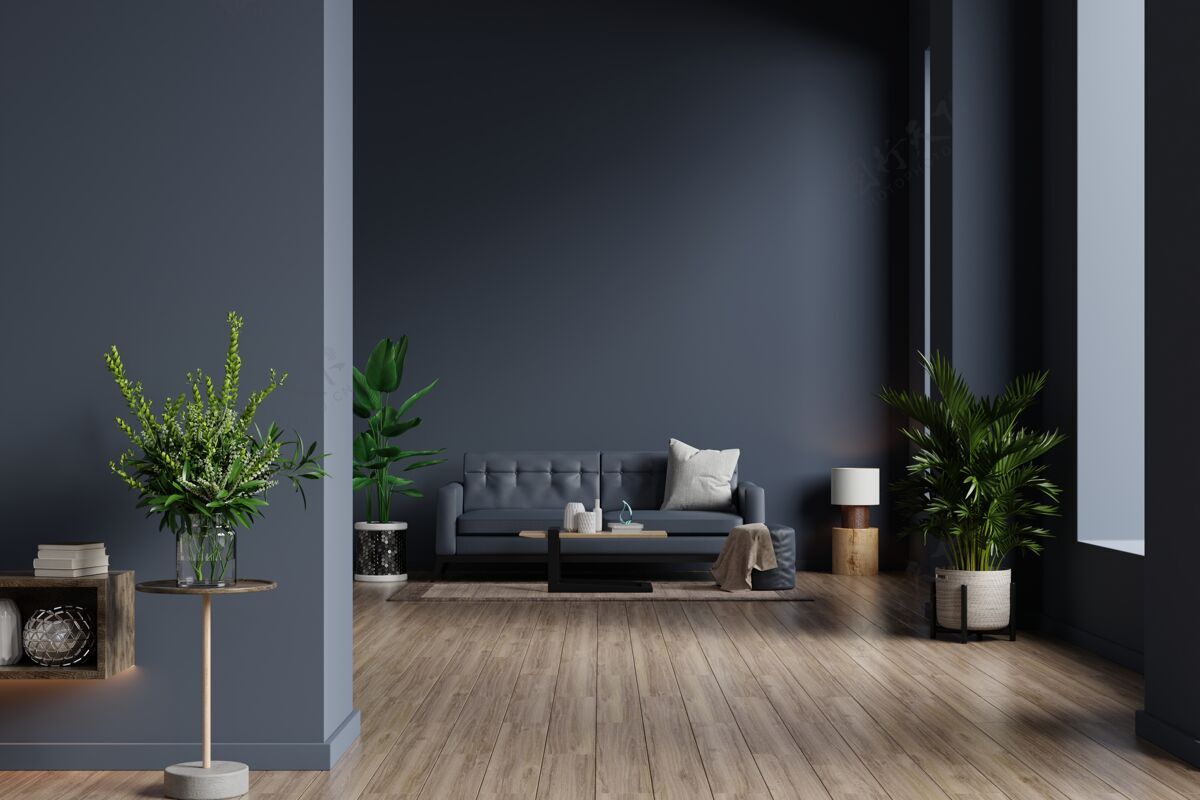 极简的客厅内部有沙发 在空的深蓝色墙上 3d渲染现代的室内城市的