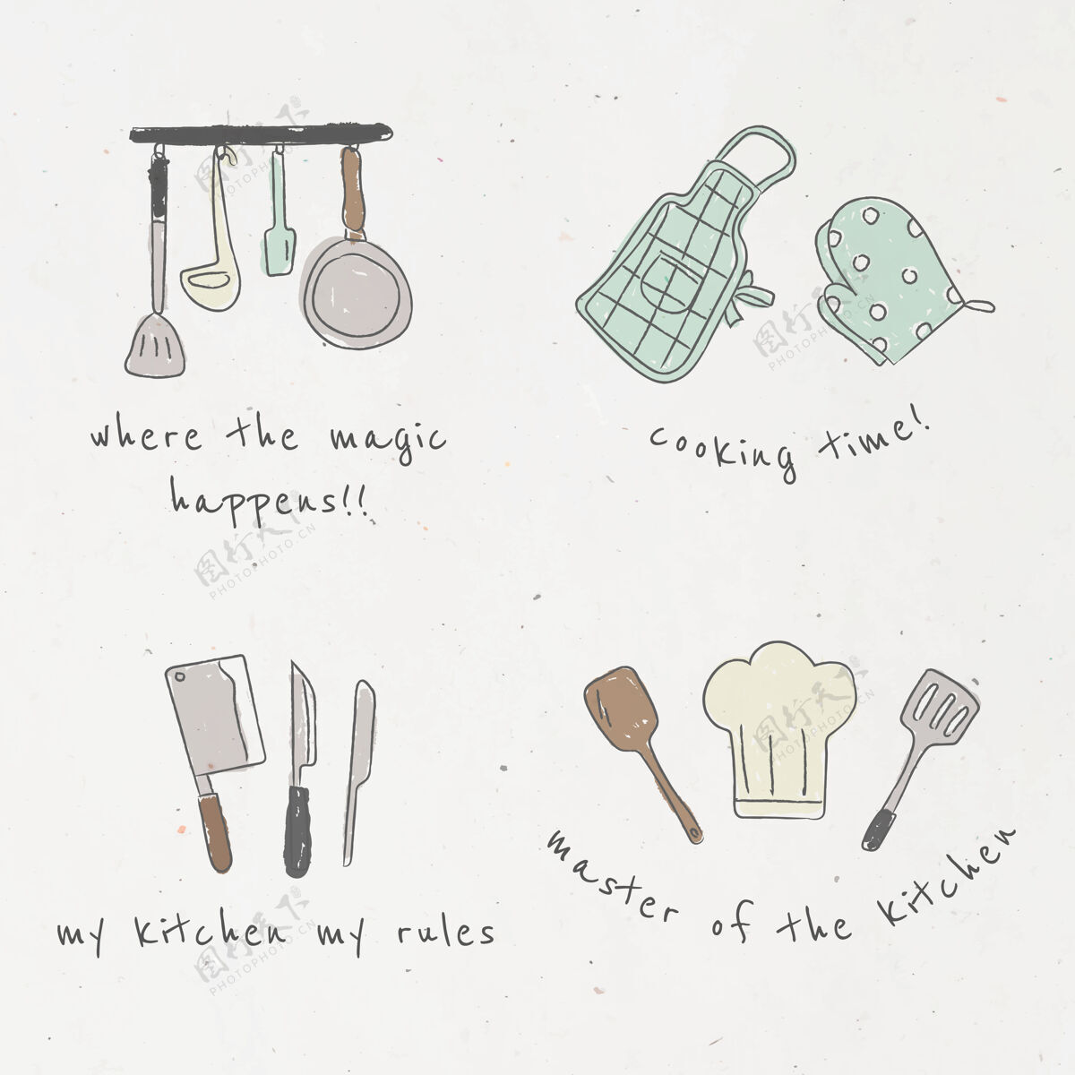 厨师可爱的厨房用具涂鸦集厨房设备帽子食品