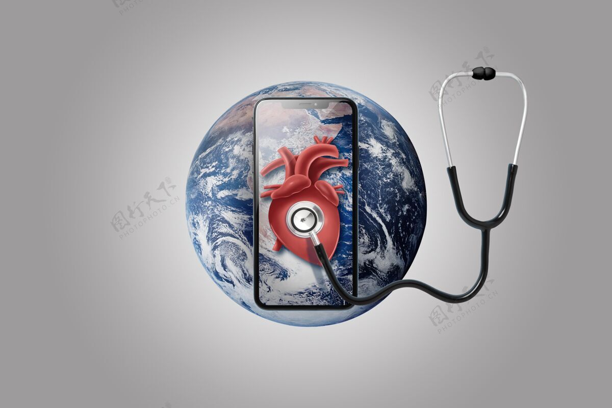 移动智能手机在地球上与听诊器的心脏保护医学环境