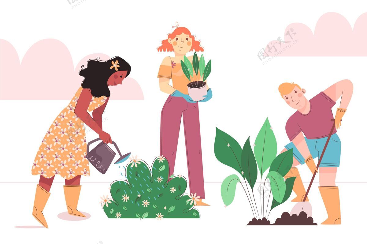 快乐的人人们照顾植物的平面插图五颜六色放松保重