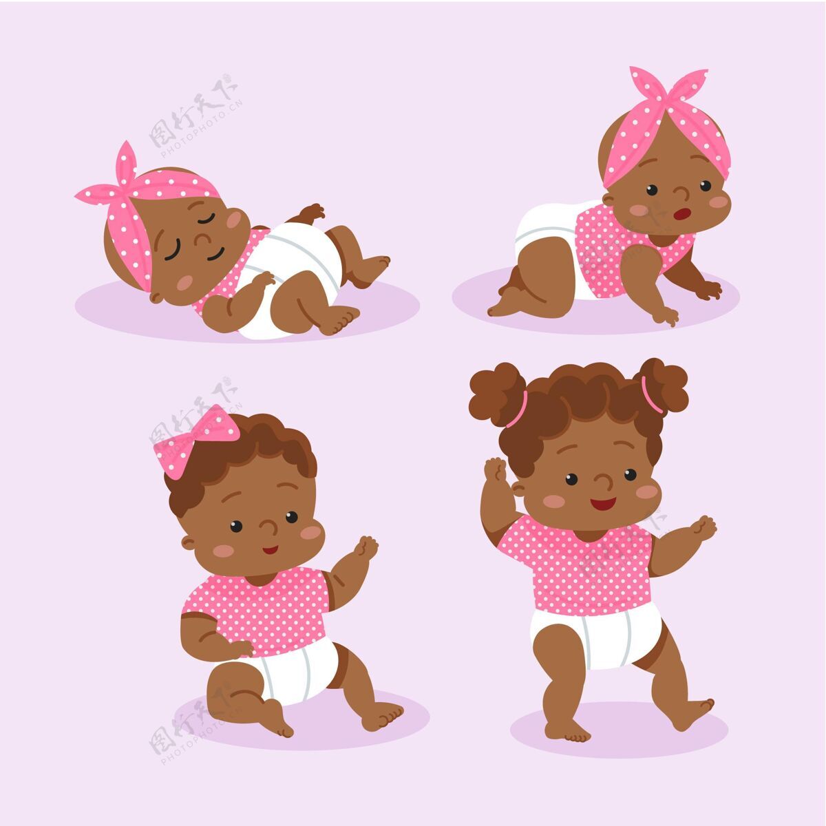 步骤女婴套装的平面设计阶段幼儿人类婴儿