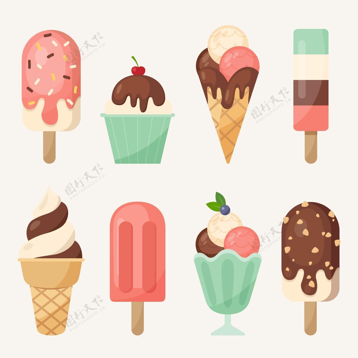 食品扁平冰淇淋系列美味甜点平面设计
