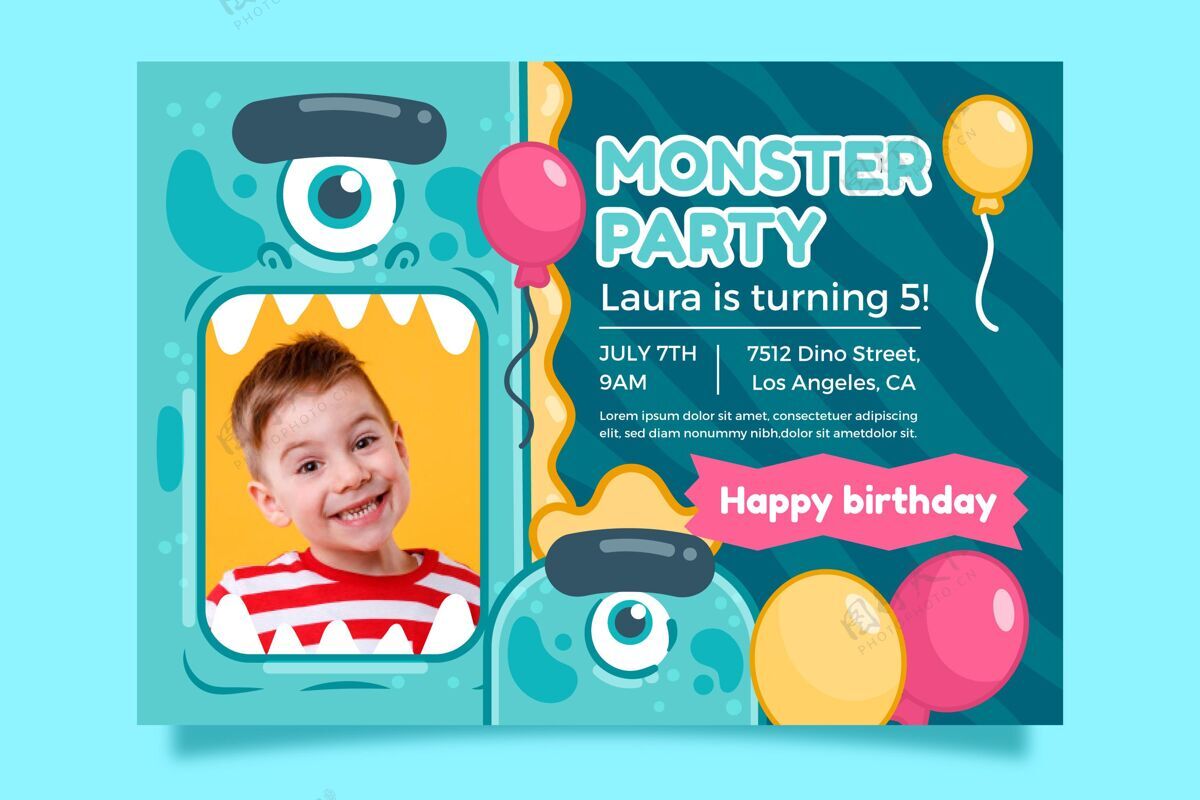 生日模板怪物生日请柬与照片模板平面设计准备打印生日请柬模板