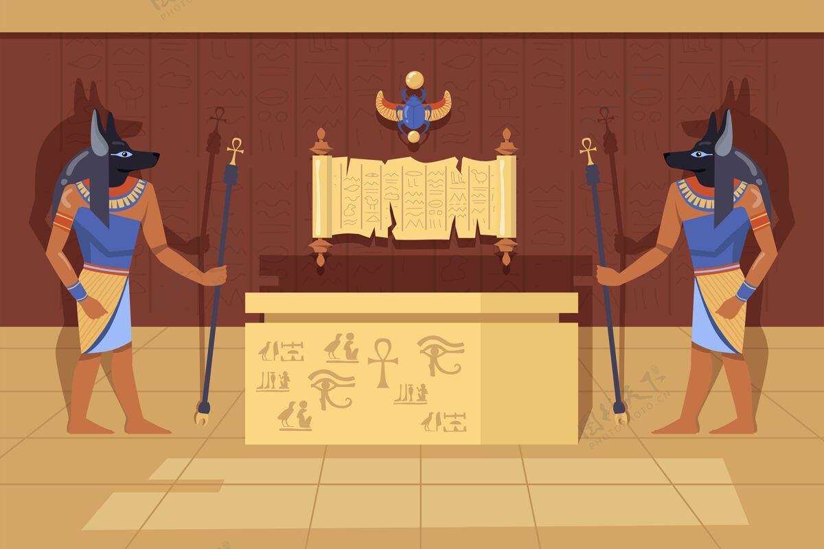 墙两个阿努比斯神灵用手杖在木乃伊旁边行走卡通插图古埃及神庙内部的埃及神灵 符号和象形文字古埃及 历史 艺术概念神话阿努比斯埃及学
