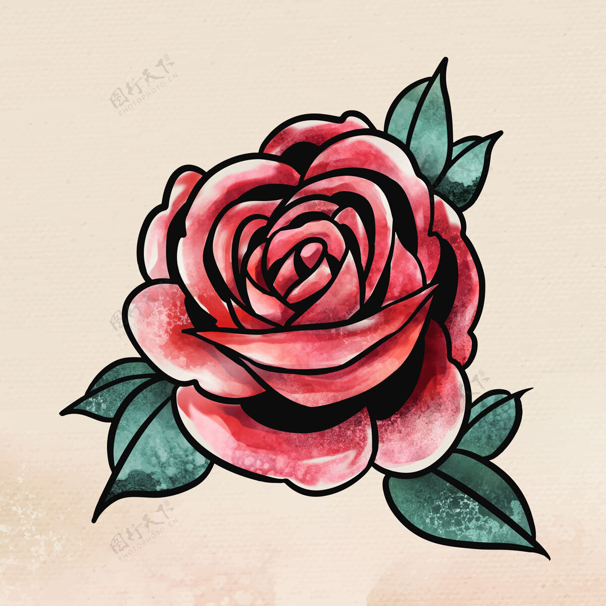 贴纸水彩红玫瑰花贴纸覆盖水彩花卉玫瑰