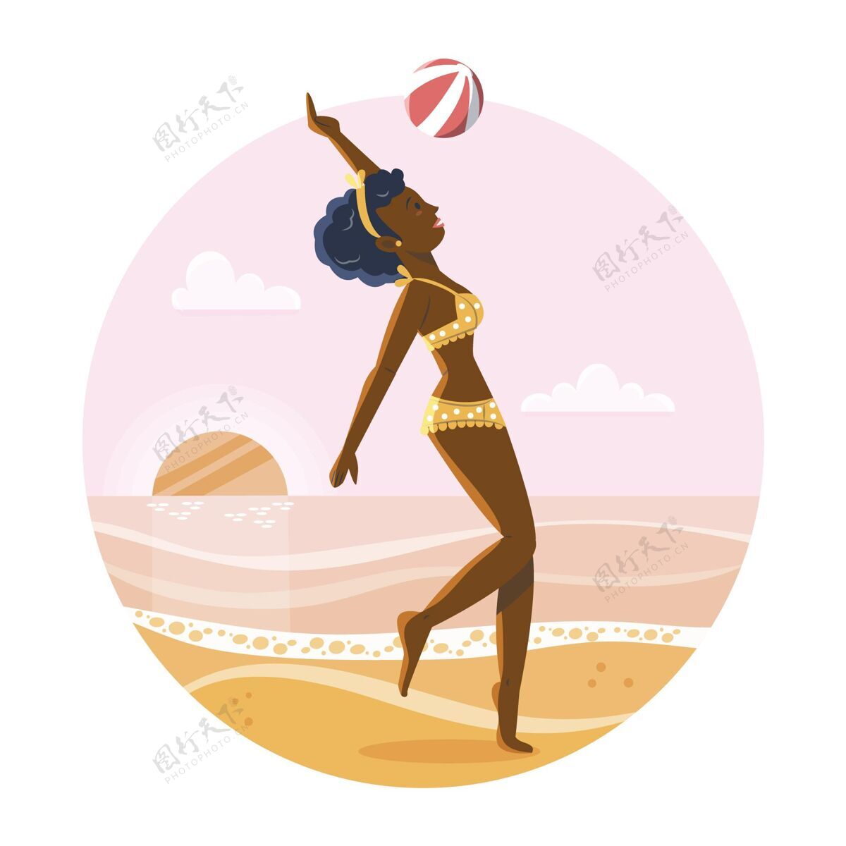 热海滩上穿比基尼的女孩平面设计季节夏天
