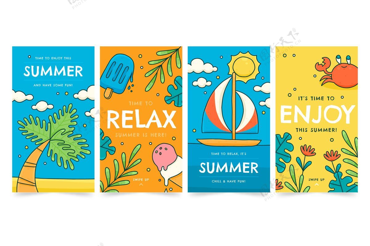 社交媒体模板手绘夏季instagram故事集夏季夏季Instagram包装