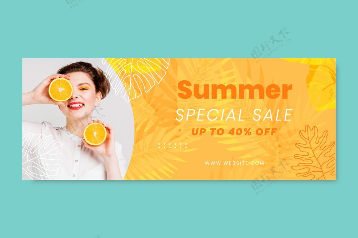 夏季销售手绘水彩画夏季销售横幅与照片优惠折扣夏季