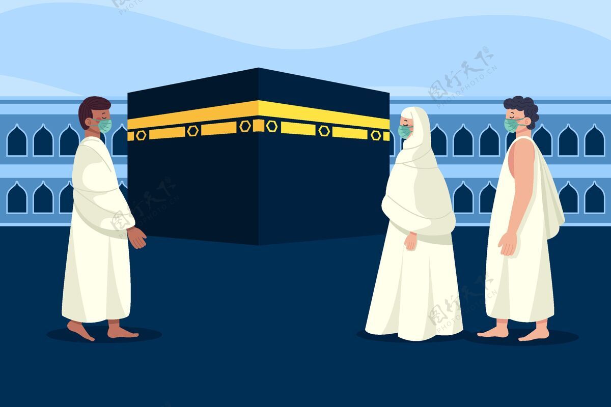 穆斯林麦加朝圣插图中戴着医用面具的人们宗教沙特阿拉伯平面设计