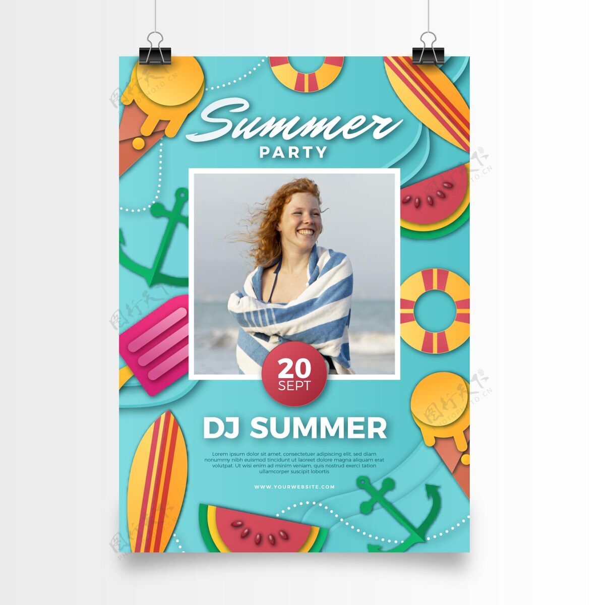 聚会夏季聚会垂直海报模板在纸与照片风格纸张样式夏天夏天聚会传单