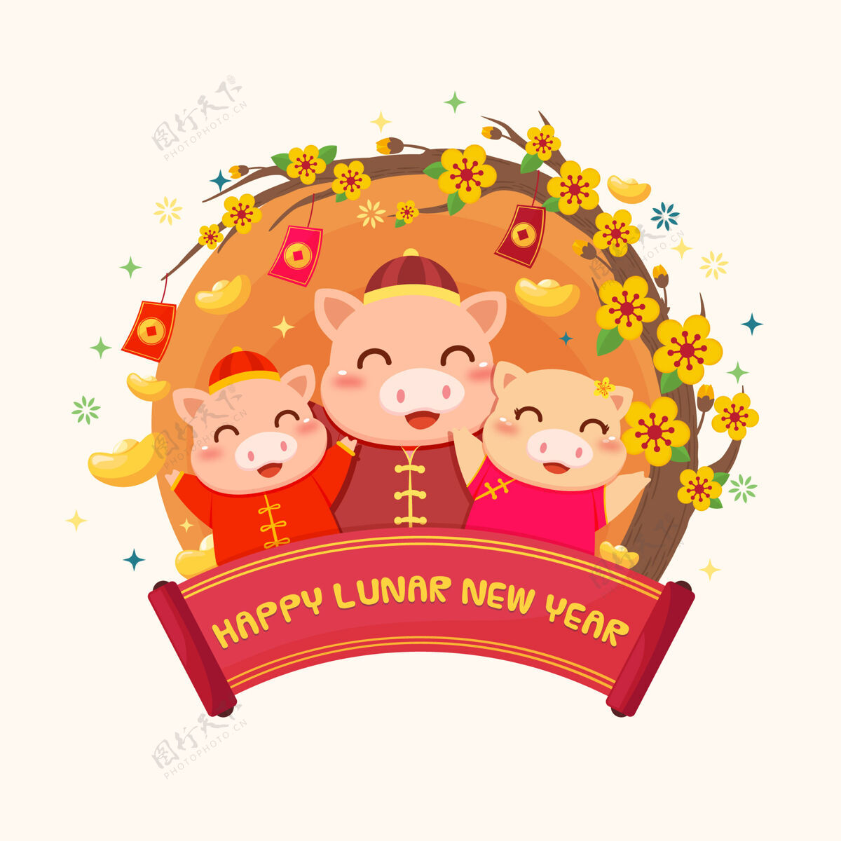 中国新年农历新年贺卡与快乐猪家庭金色派对可爱