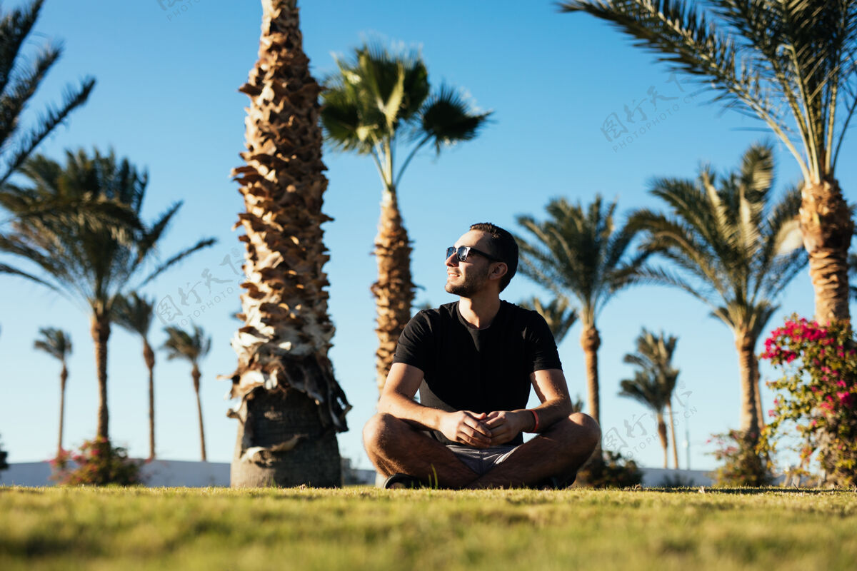 人一个戴着太阳镜 留着胡子的帅哥 坐在草丛里 棕榈树下 过着暑假的豪华度假胜地树草天空