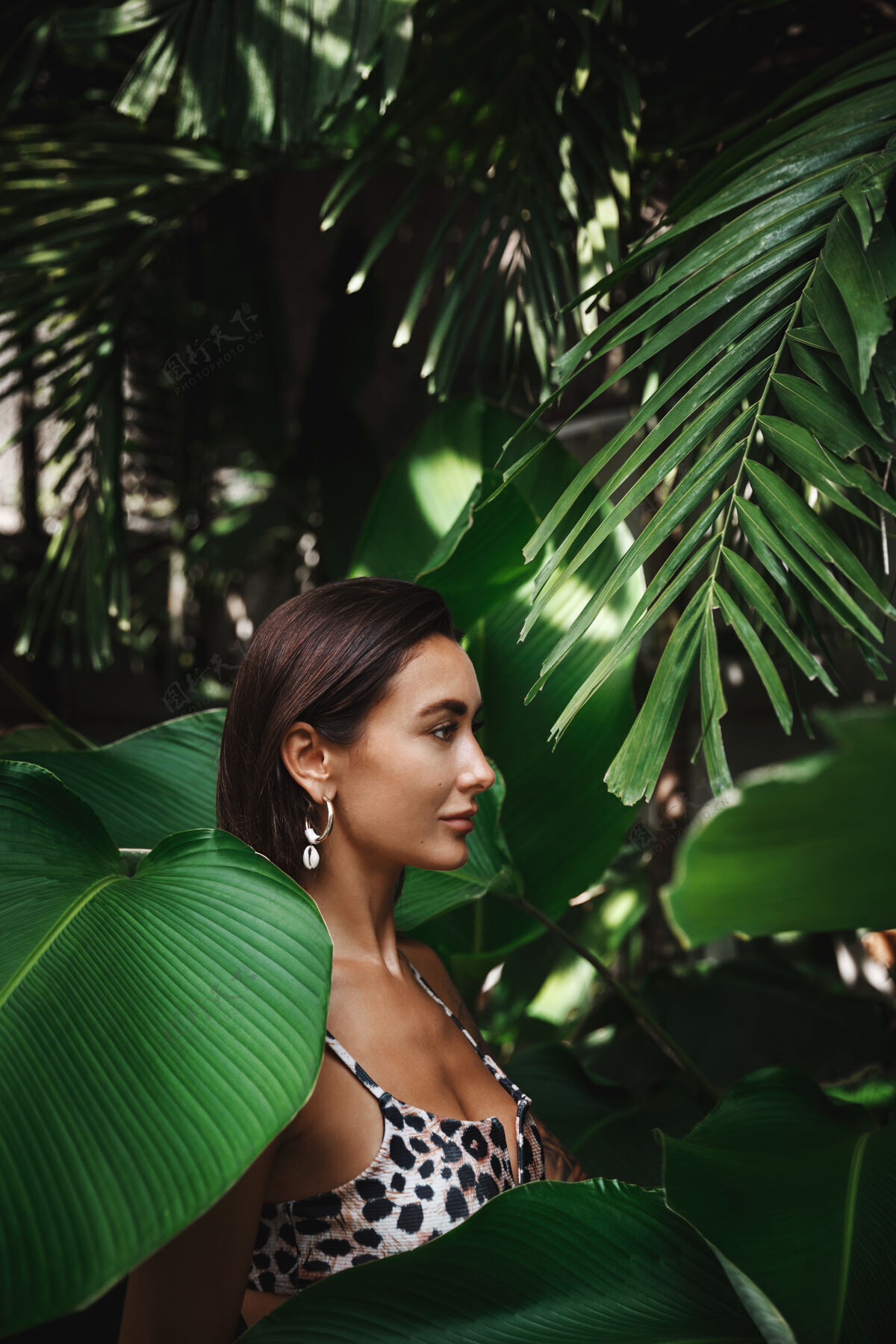 年轻一个穿着比基尼 戴着耳环 站在热带丛林树叶和棕榈树上的晒黑女人的轮廓泳装异国情调树叶