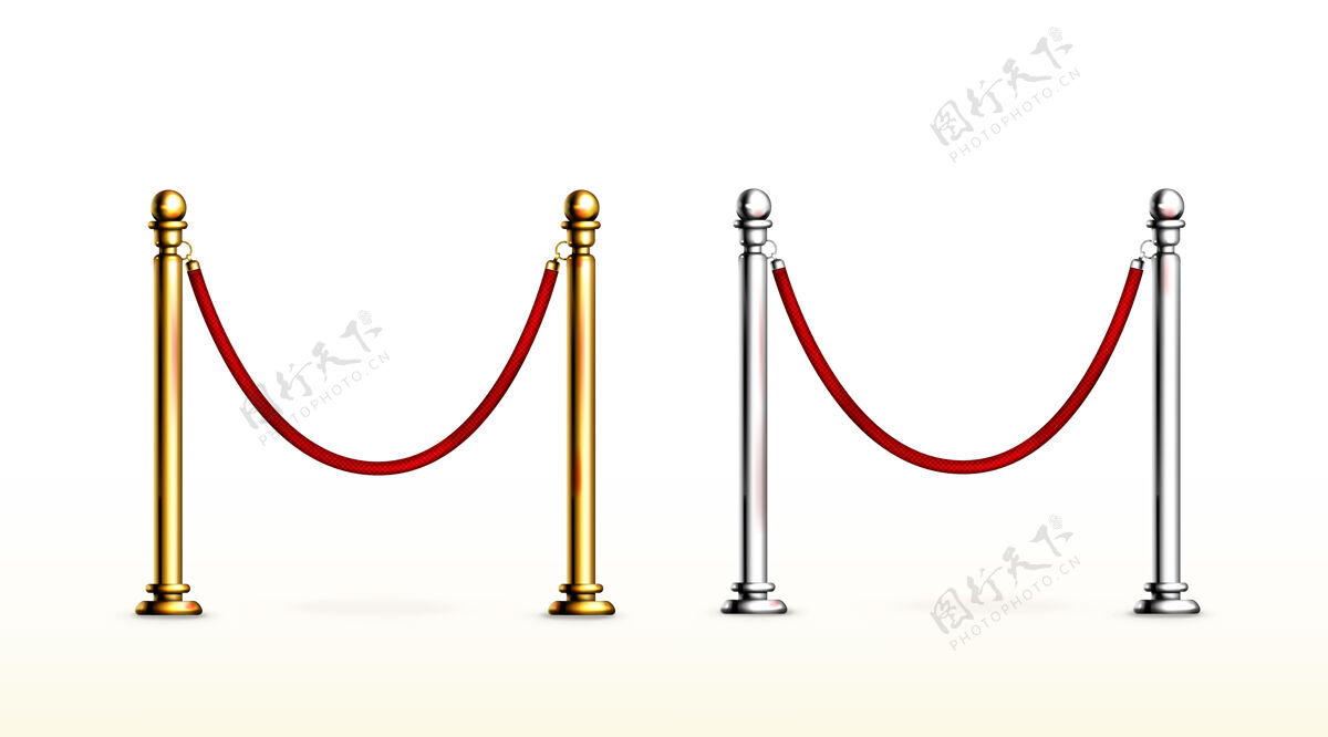 豪华红色的绳索屏障 有金色和银色的支柱入口路障晚会