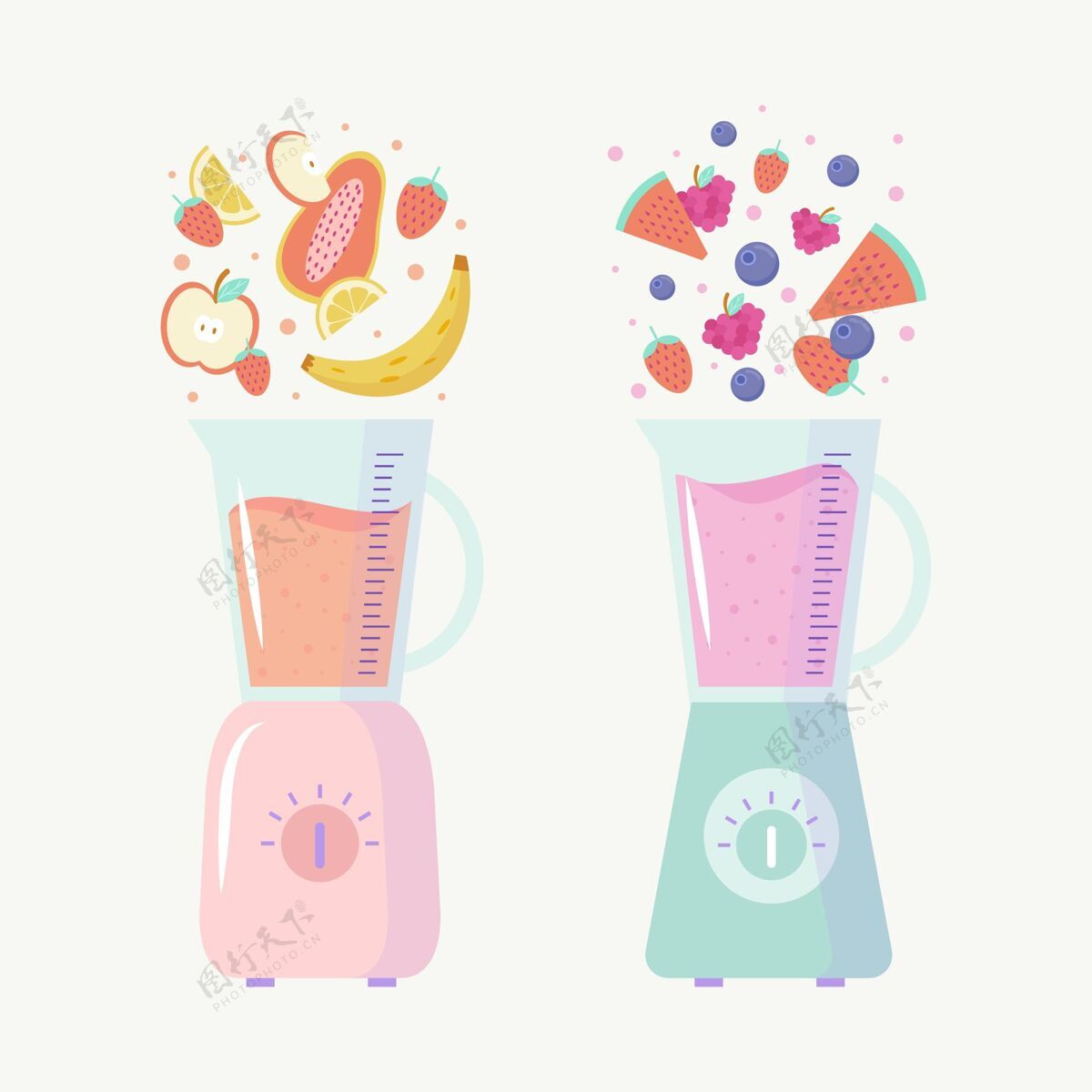 健康饮料平面果汁在搅拌机玻璃插图平面设计冰沙小吃