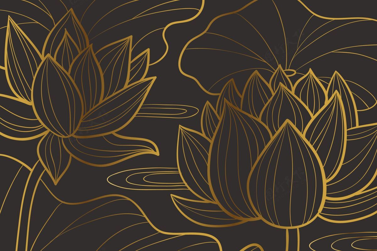 优雅渐变金色线性背景与睡莲形状金色渐变花卉背景