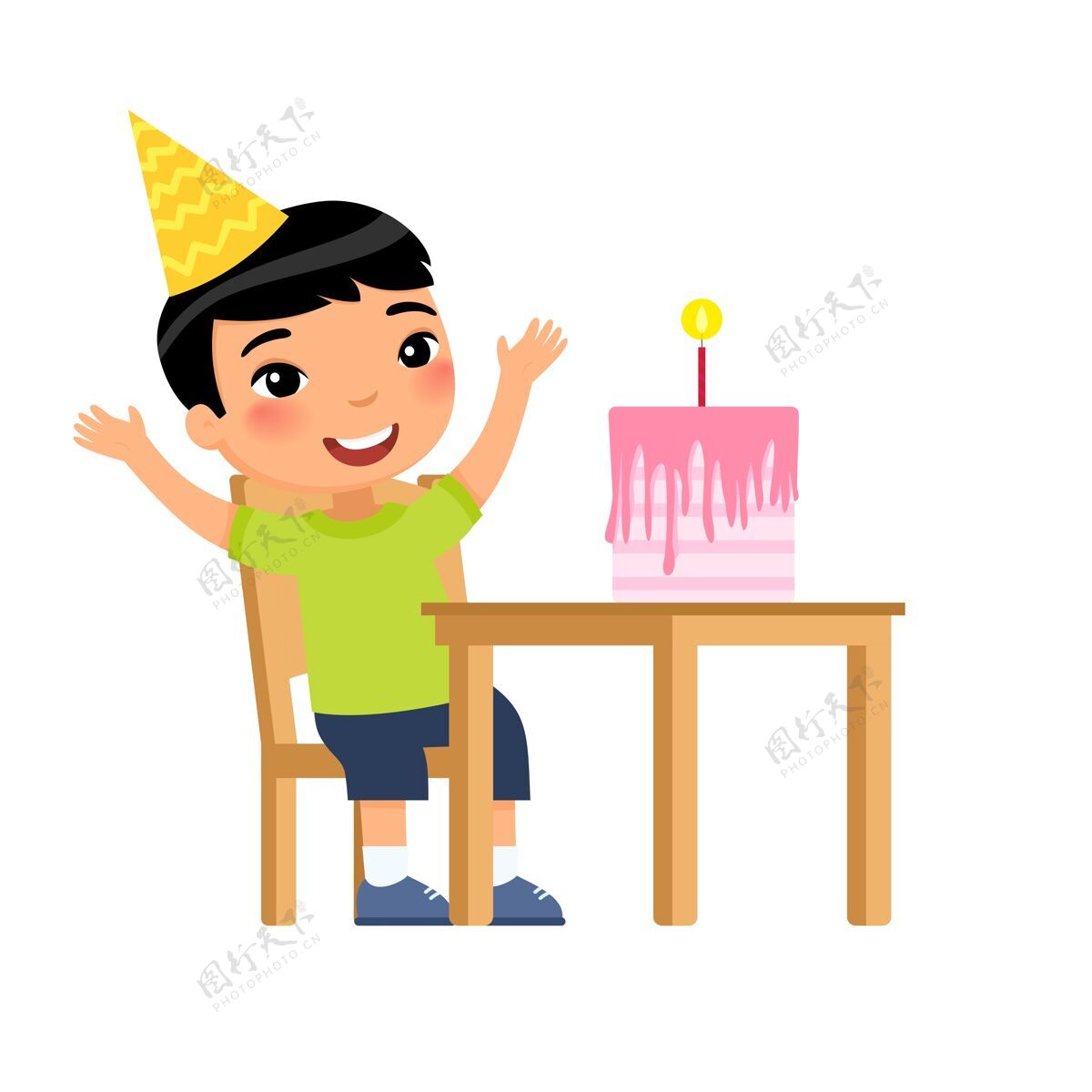 糕点桌上摆着蜡烛生日蛋糕的亚洲小男孩人吹蛋糕