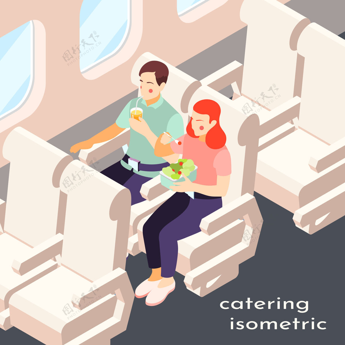 五颜六色餐饮在平面等距组成与快餐和饮料插图飞机飞行食物等长