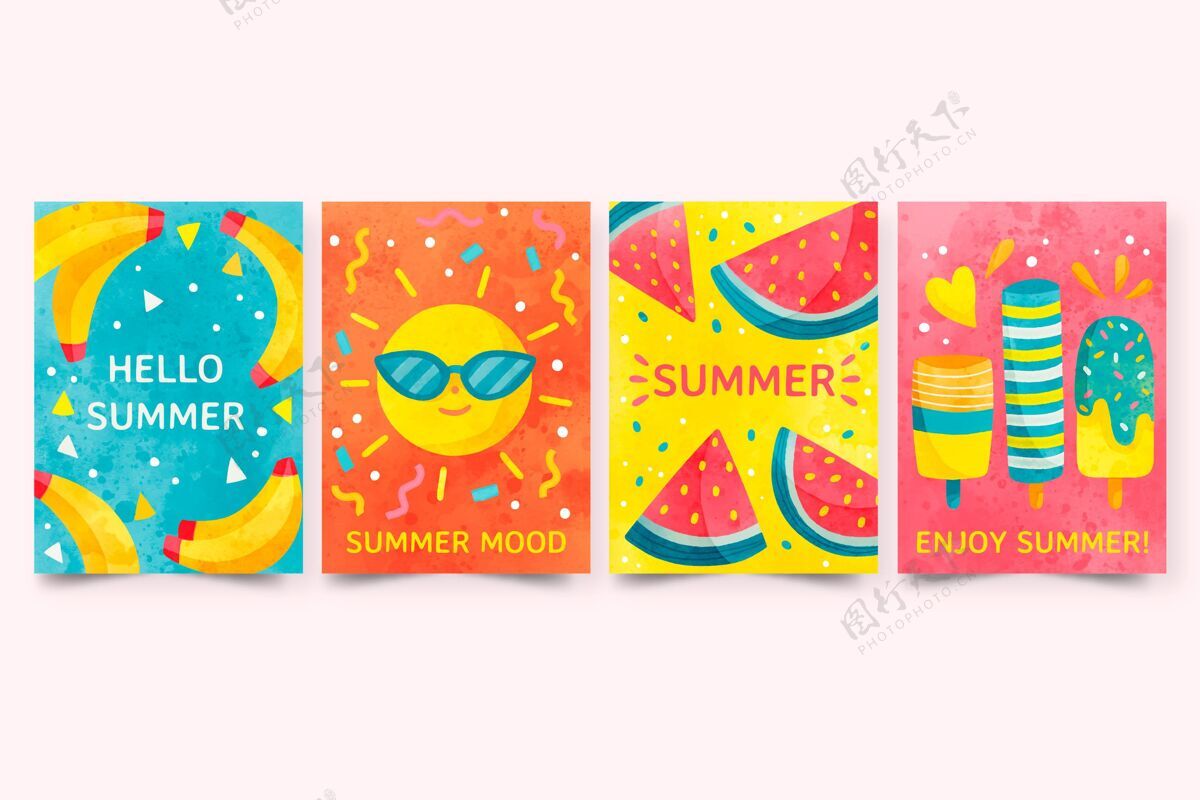 收集手绘水彩画夏季卡片收藏夏天卡片卡片模板夏天