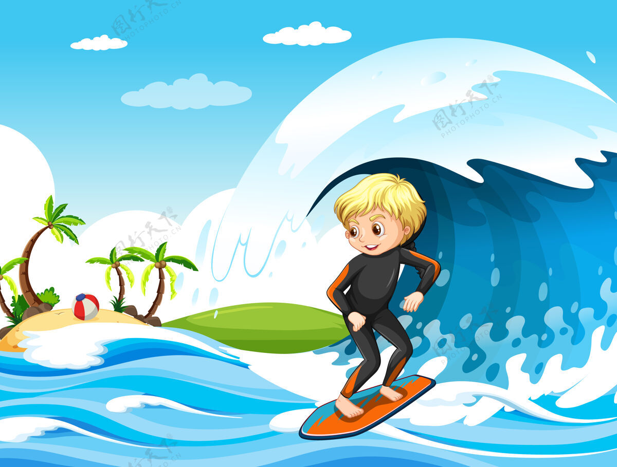 女孩大海浪在海洋场景与男孩站在冲浪板上夏天空白温暖