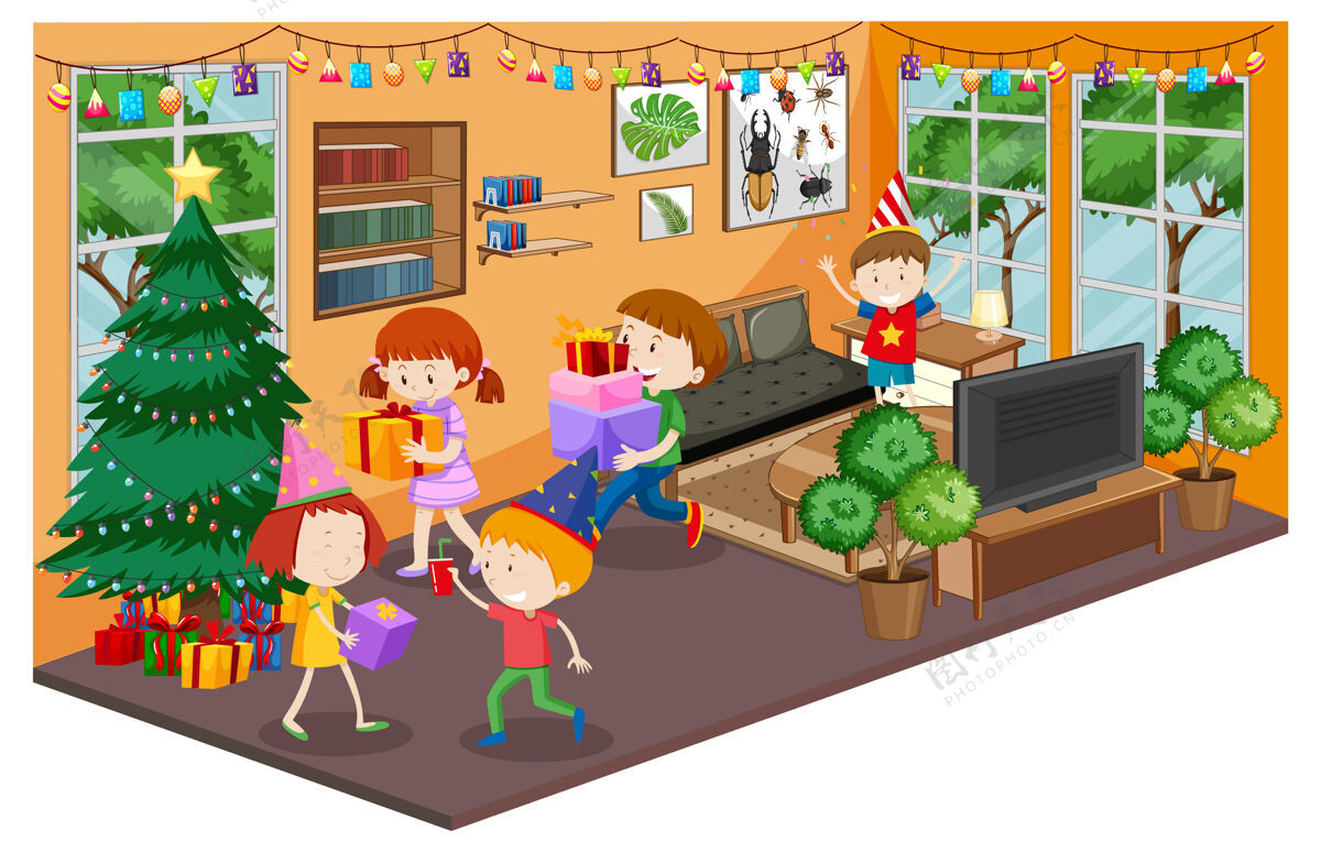 墙孩子们在客厅里用家具布置圣诞晚会的主题里面生活自然