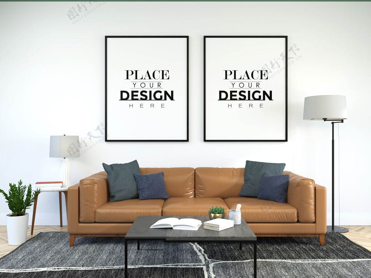灰色客厅psd模型的海报框架海报图片框架