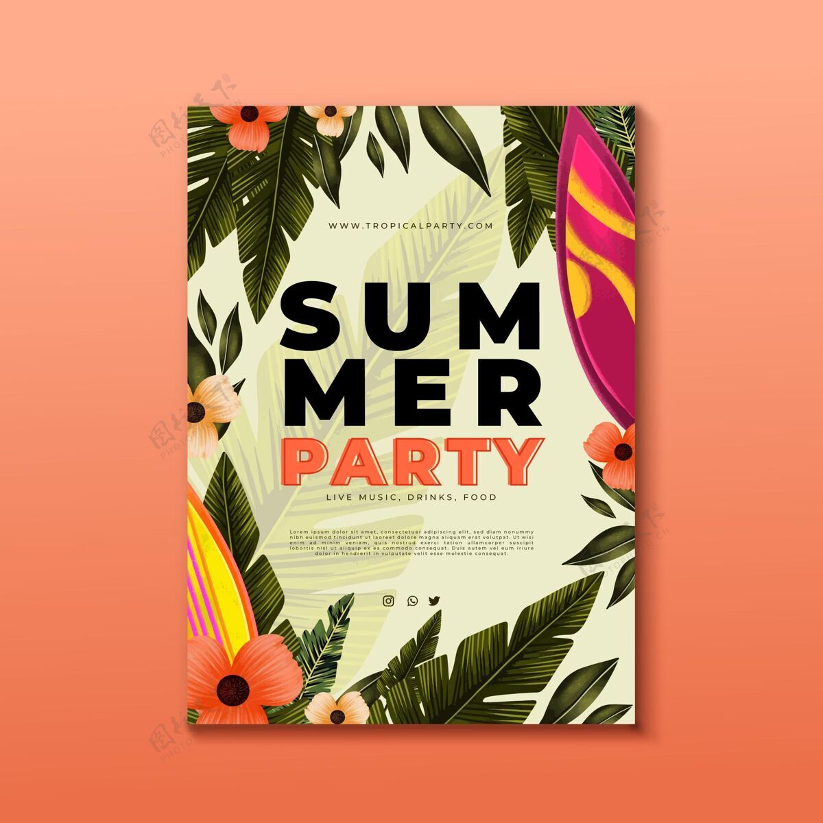 夏天海报手绘水彩画垂直夏季派对海报模板手绘夏天垂直