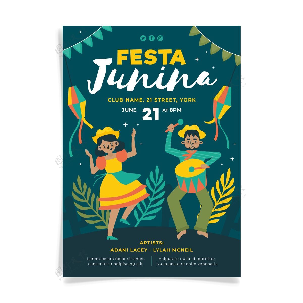Festadesaojoao手绘festajunina垂直海报模板巴西junina节传单模板
