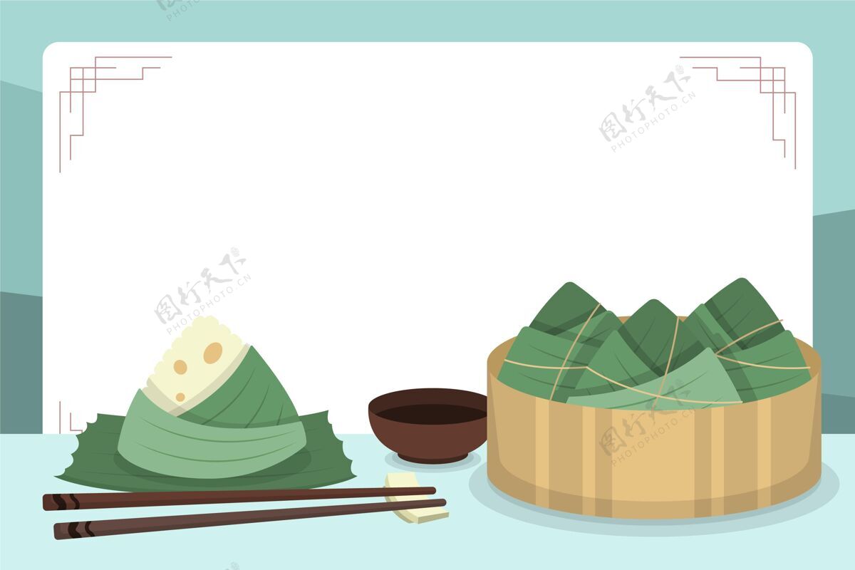 端午平直的龙舟粽子背景米饭大米中国