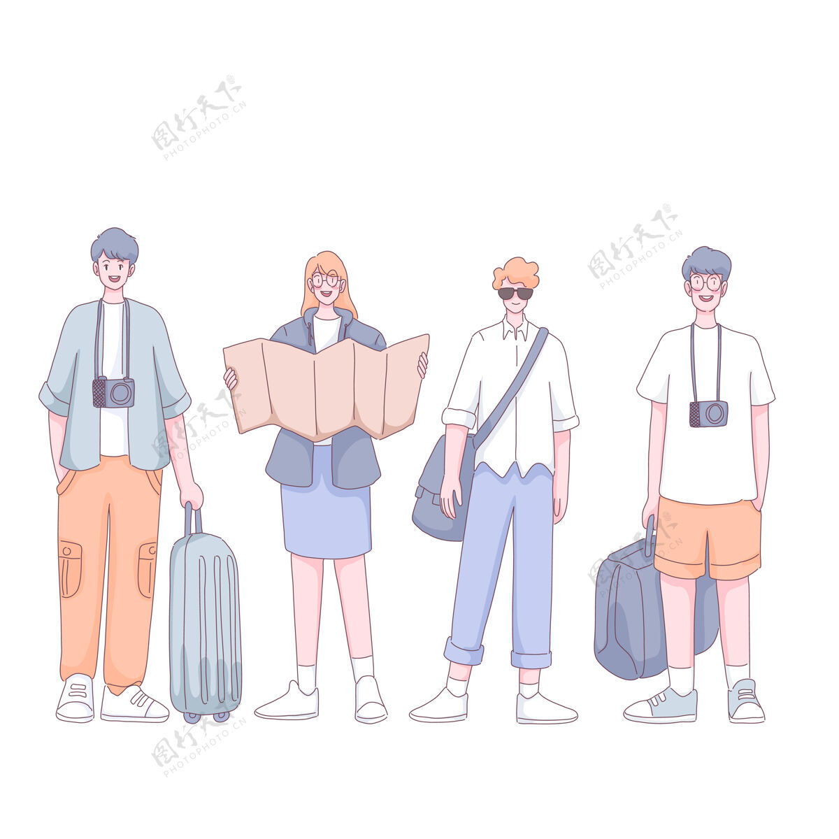 行李一群带着手提箱和背包的游客站在卡通人物面前度假旅游太阳镜