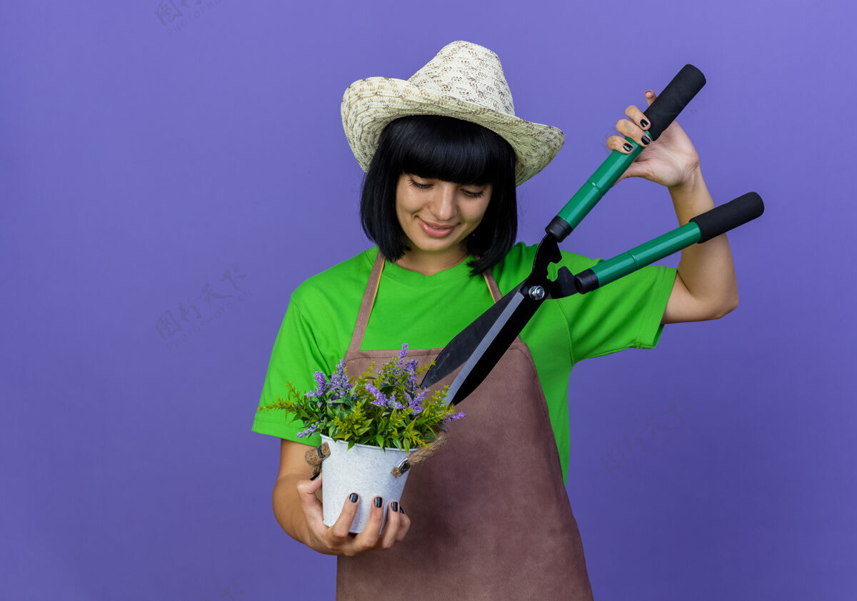 紫色穿着制服 戴着园艺帽的年轻女园丁高兴地拿着剪子在花盆里的花上复制花制服