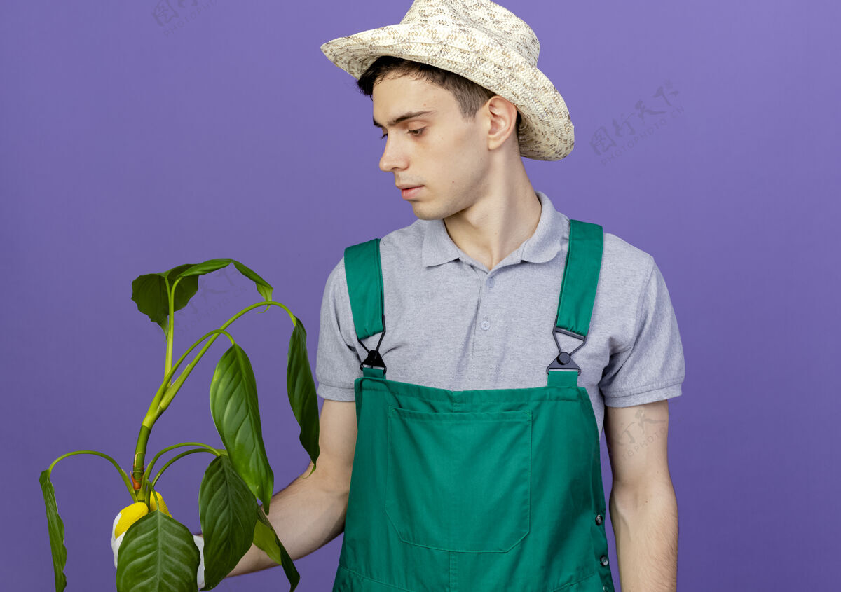 空间自信的年轻男园丁戴着园艺帽和手套 拿着植物看复制花园持有