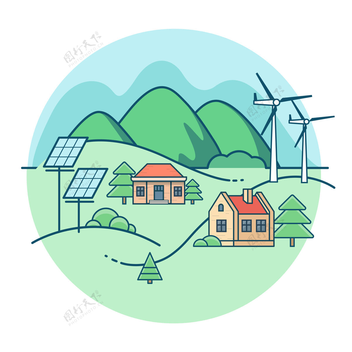 生态线性平面景观有山有树的房子太阳能和风力发电厂关怀房子自然