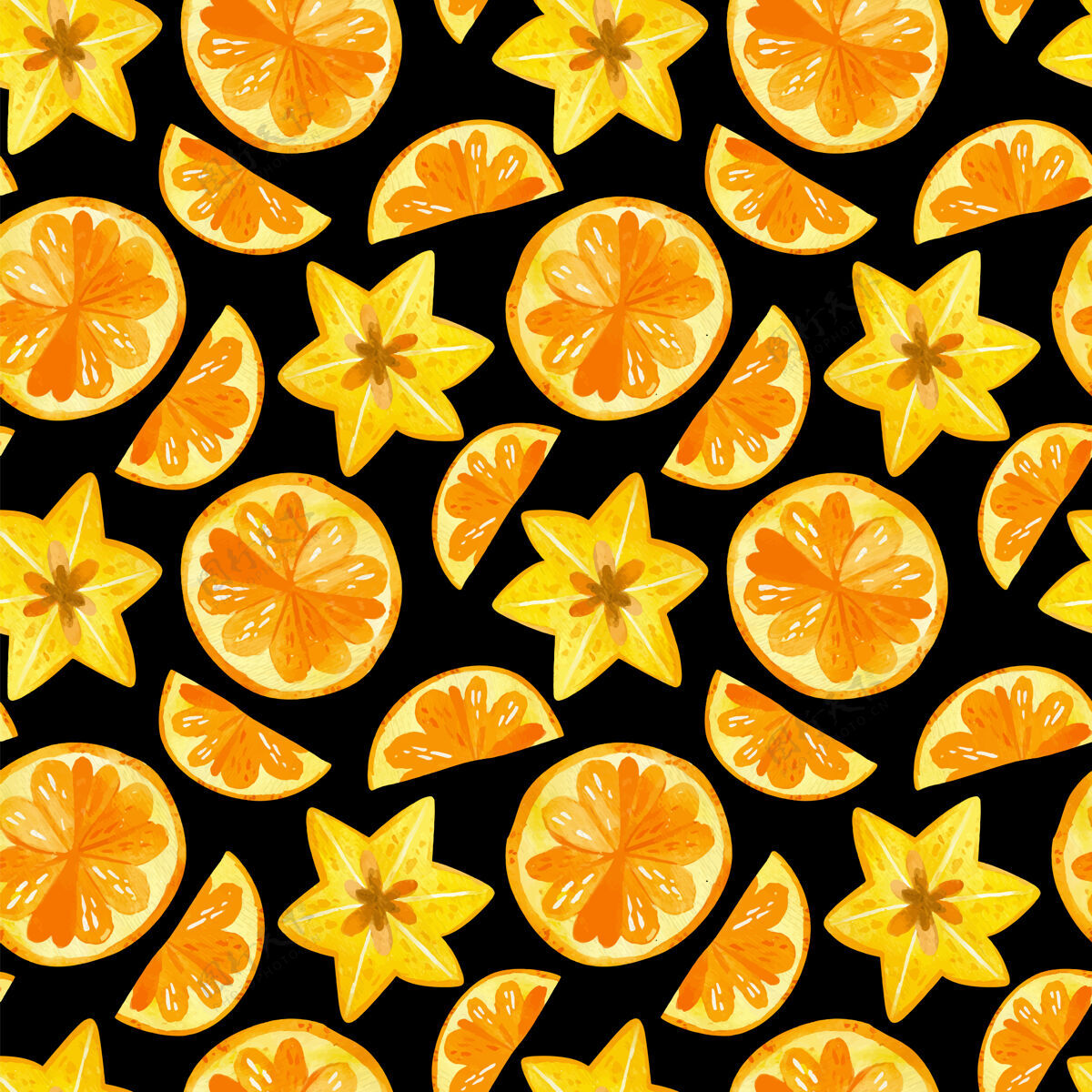 热带柑橘和杨桃水彩无缝图案手绘黄色素食主义者
