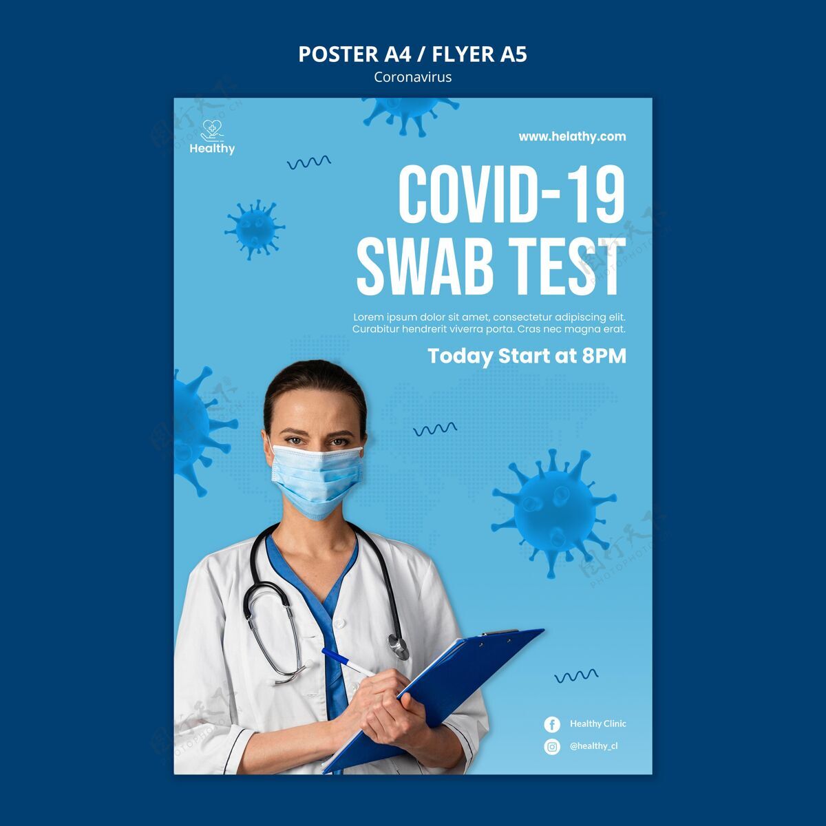 海报冠状病毒拭子测试海报模板医疗保健大流行打印模板