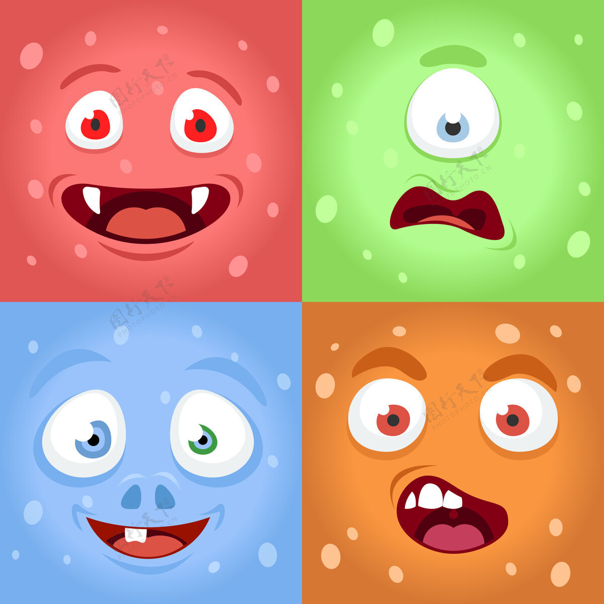 五颜六色卡通怪物脸怪物表情脸人物插图集牙齿表情平面