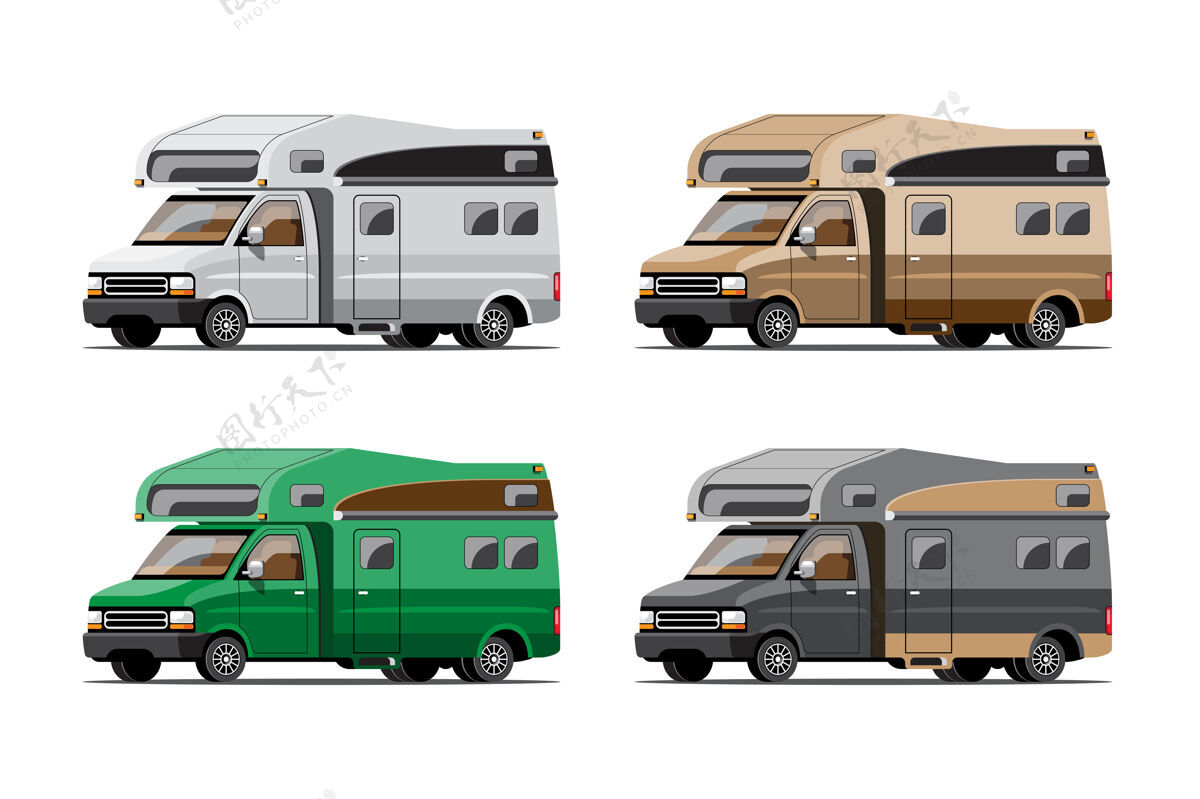 航行捆绑一套露营拖车 旅行移动房屋或白色背景上的大篷车 平面插图汽车旅游车轮