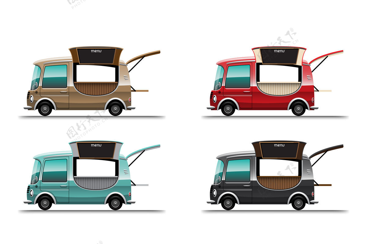 携带一套彩色的迷你食品车 在白色背景上的移动食品街上送货 插图车辆快递餐食
