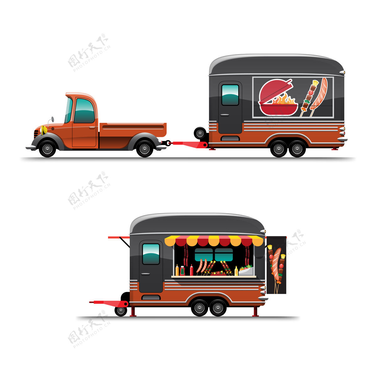 汽车拖车食品车侧视图 带柜台烤肉架 车顶有大型模型hotdoc 插图车轮美食咖啡馆