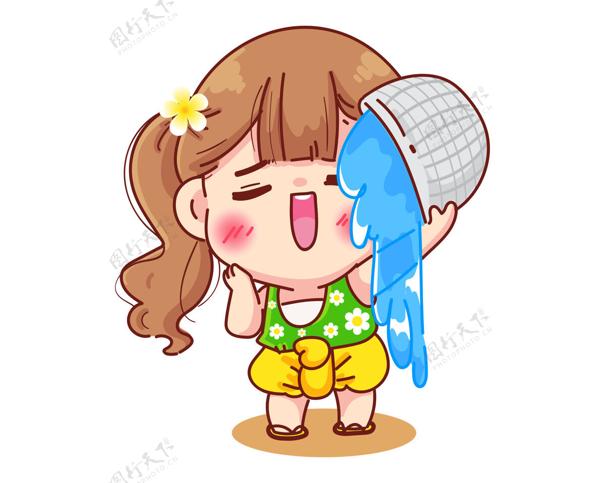 传统泰国泼水泼水节泰国卡通插画标志女孩湿女孩女人