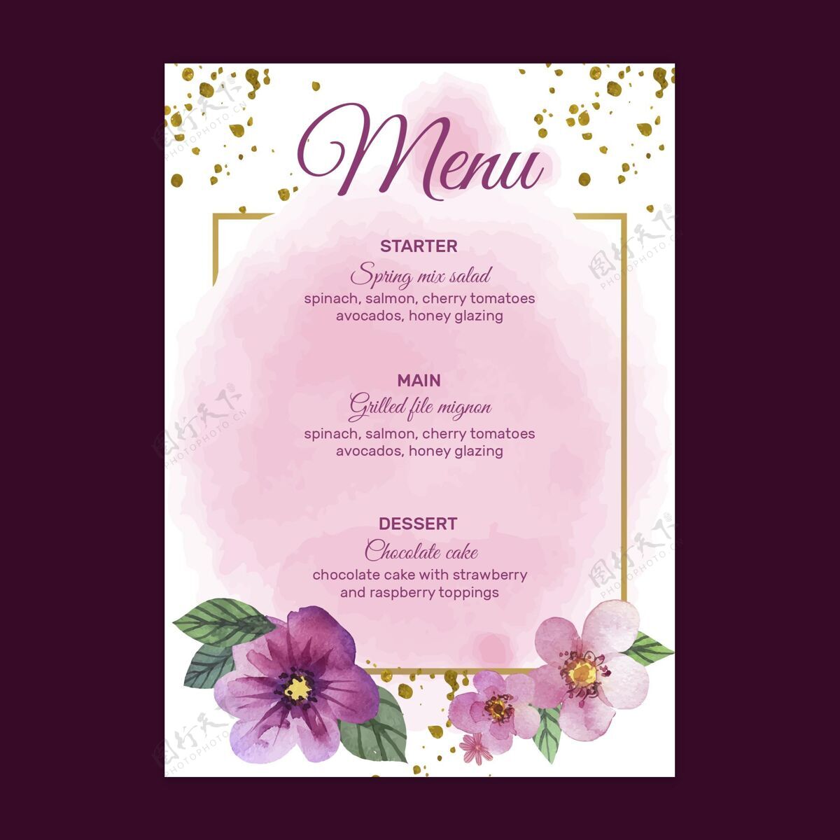 婚礼花卉婚礼菜单模板菜单随时打印订婚
