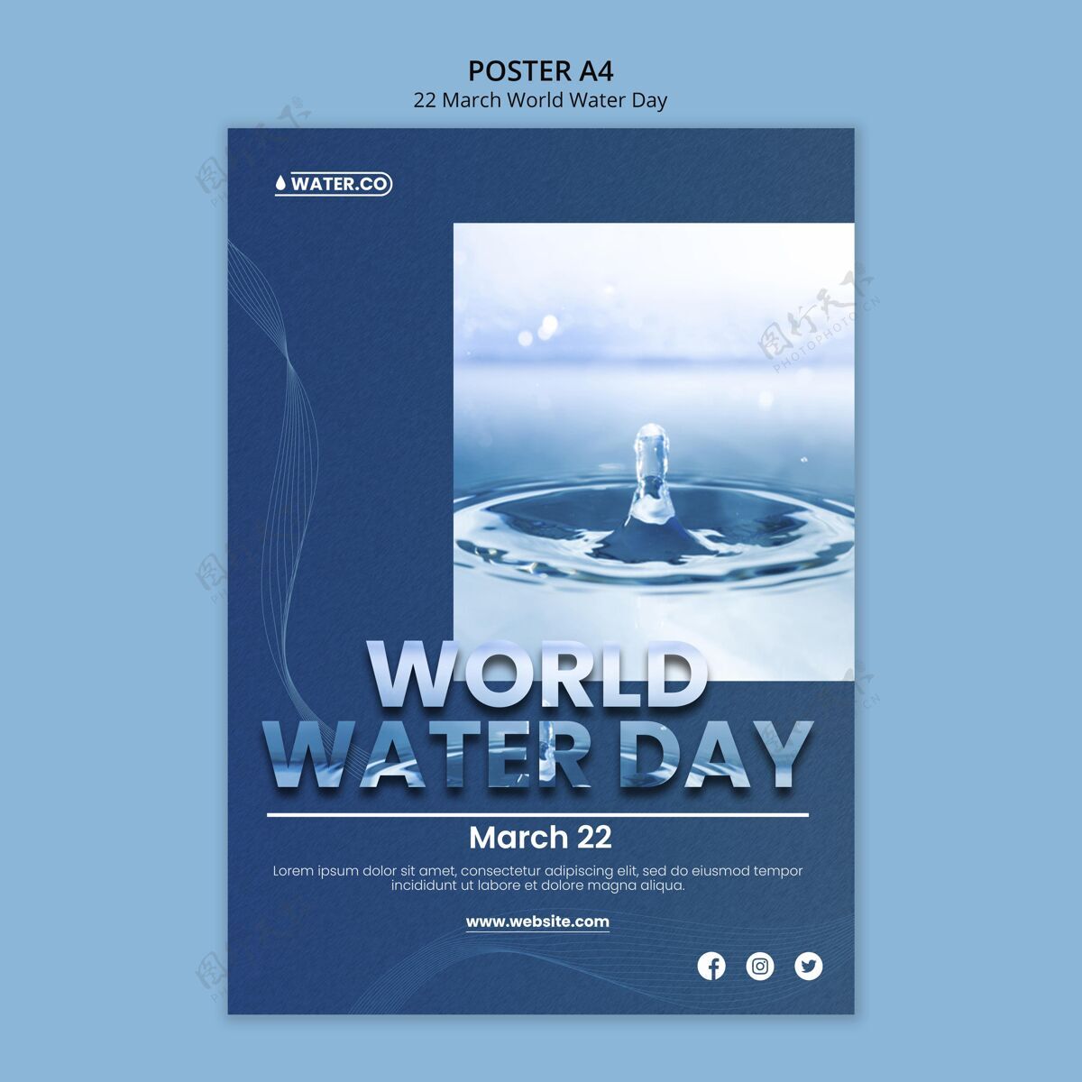 下降世界水日海报模板与照片世界水日印刷模板保护