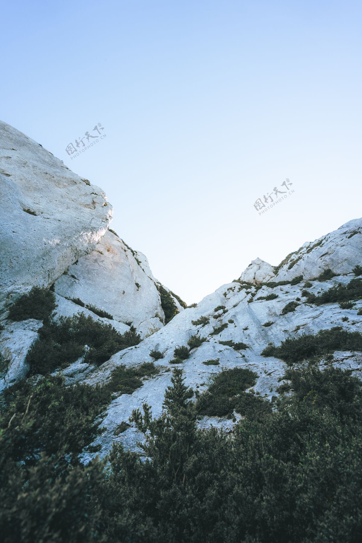 多云低角度拍摄被深绿色热带树木环绕的白色悬崖岩石自然山