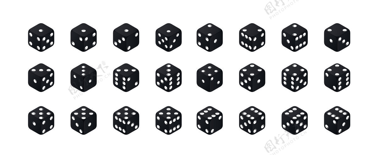 3d等轴测骰子变种黑色游戏立方体隔离在白色背景上所有可能的回合集合骰子下注黑色