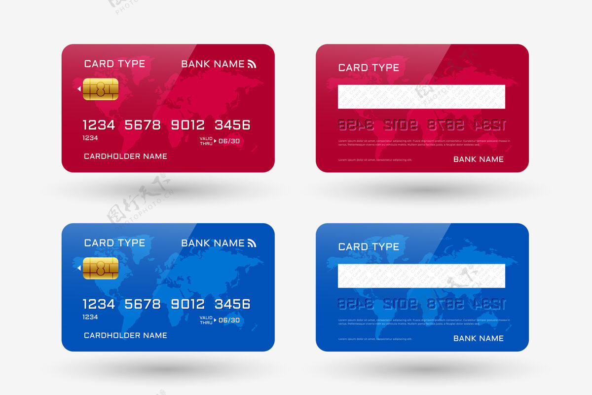 安全红色和蓝色的信用卡模板芯片金融集合