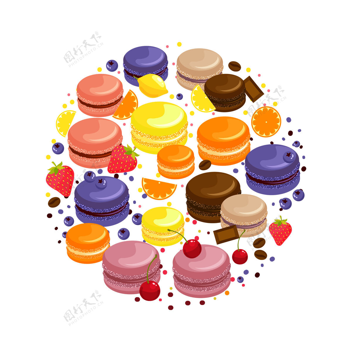 新鲜卡通五颜六色可口的杏仁饼圆形概念与水果 巧克力和咖啡豆隔离插图糖果小吃圆形